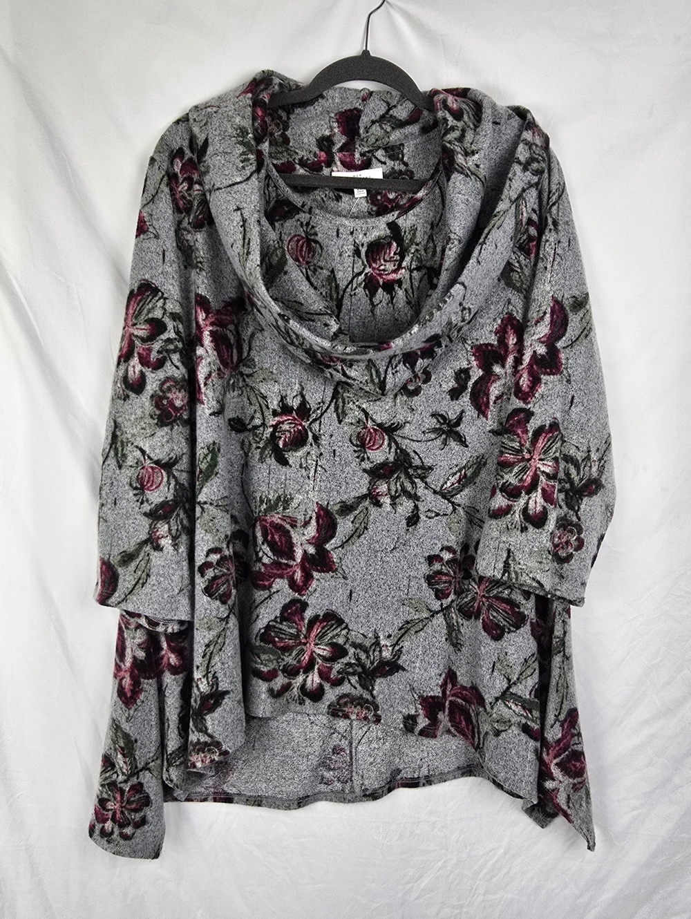New Directions Curvy Floral Hacci Cowl Neck Tunic Sweater Gray Wine sz 2X NWT